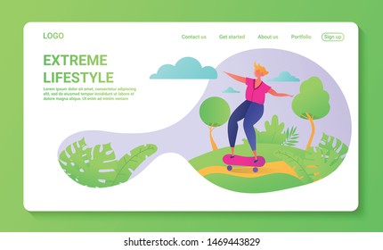 Landing page on healthy lifestyle theme with happy guy character. He rides skateboards and doing a skateboard trick. Healthy lifestyle concept for mobile website or web page
