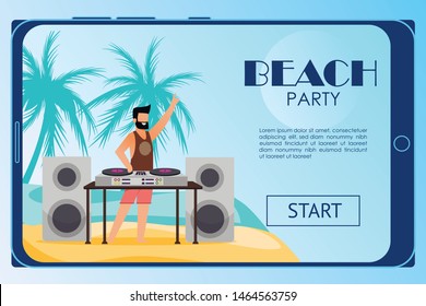 Landing Page on Mobile Screen Invite to Beach Party. DJ Mixing Music Tracks on Mixer Turntables Connected to Loudspeakers and Subwoofer. Open Air Clubbing. Vector Tropical Scenery Illustration