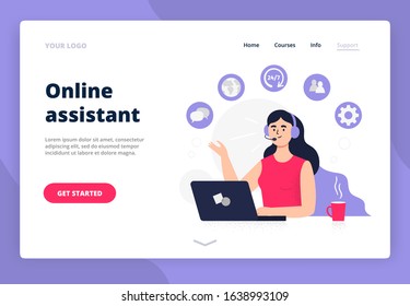 Landing page on online assistant theme. Woman answers phone calls, chatting, help clients and get feedback. Flat Vector illustration good for telemarketing, call centers, helpline or other businesses.