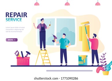 Landing page on theme repair service. Male team repairs room with different tools. Craftsman paints wall with roller. Repairman stands on stepladder and holds tape measure. Flat vector illustration