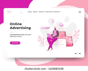 Landing page Online Advertising, the concept of a man sitting while using a laptop, can be used for landing pages, web, UI, banners, templates, backgrounds, flayer, posters.