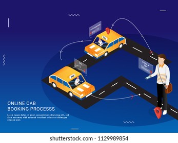 Landing page for Online Cab Booking Process in 3 steps with 3D illustration of  man booking a taxi, notification received by taxi driver and found pick up location through navigation.