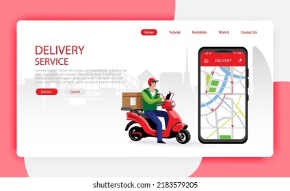 Landing Page Online delivery service , online order tracking, delivery home and office. Scooter delivery. Shipping. Man on the bike. Vector illustration