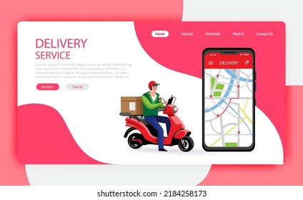 Landing Page Online delivery service , online order tracking, delivery home and office. Scooter delivery. Shipping. Man on the bike. Vector illustration