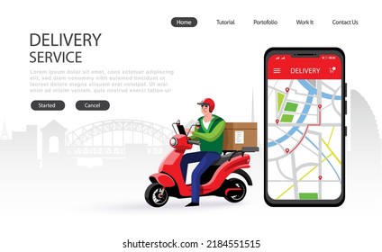Landing Page Online delivery service , online order tracking, delivery home and office. Scooter delivery. Shipping. Man on the bike. Vector illustration