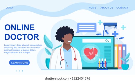 Landing page ONLINE DOCTOR offering online medical consultation. Professional telemedicine and healthcare concept. Vector Illustration