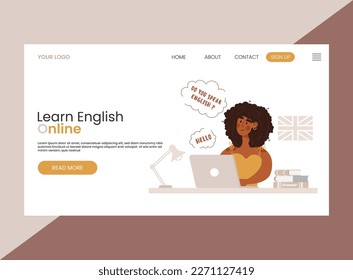 Landing page for online English language school.Female character studying on laptop via internet from home.Webinar video tutorial. Remote education, conversation.Learning English language concept