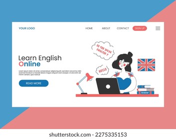 Landing page for online English language school.Female character studying on laptop via internet from home.Webinar video tutorial. Remote education, conversation.Learning English language concept