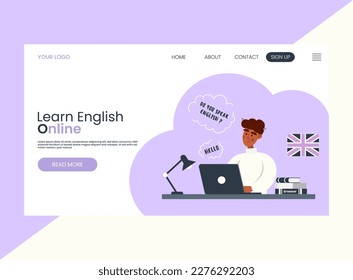 Landing page for online English language school.Man character studying on laptop via internet from home.Webinar video tutorial. Remote education, conversation.Learning English language concept.Vector