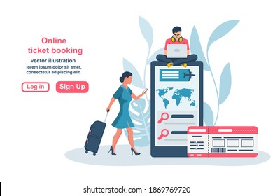 Landing page online flight booking service. Check service. People buying tickets on flight via mobile app. Vector illustration flat design. Isolated on white background.