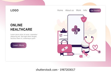 Landing page of online healthcare flat illustration. Online medical consultation and treatment via app smartphone or computer connected internet clinic. Online ask doctor consultation in mobile vector