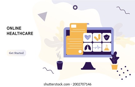 Landing page of online healthcare flat illustration. Online medical consultation and treatment via app smartphone or computer connected internet clinic. Online ask doctor consultation in mobile vector