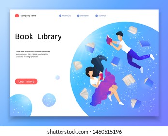 Landing page online library vector illustrations. Web Banner with girl and man reading books among the flying books. E-library, online education materials, media files library. 