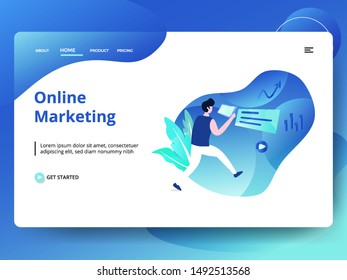 Landing Page Online Marketing vector illustration, the concept of a man running while using a smartphone, can be used for web pages, templates, UI, mobile apps, banners, flyers. EPS 10