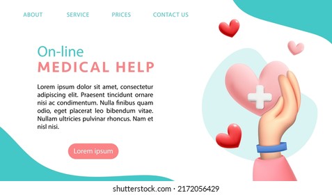 Landing page for online medical help template design. Pharmacy online service template design.  Healthcare and online doctor consulting help concept. 3d hand holding heart cute  vector illustration