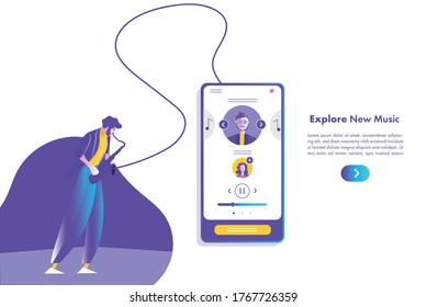 Landing page for online mobile music concept/Mobile application concept. Man playing saxophone.