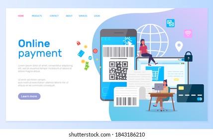 Landing page of online payment site. Pay for purchases using QR code on asmartphone, credit card, check, laptop screen, shopping, girl at table with monoblock. Marketing infographic icons. User menu