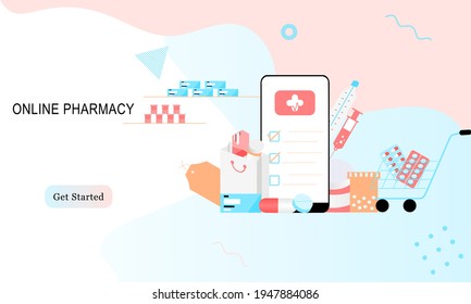 Landing page of Online pharmacy, healthcare, drugstore and e-commerce app concept. Vector of prescription drugs, first aid kit and medical supplies being sold online via web or smartphone application.