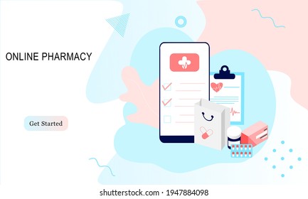 Landing page of Online pharmacy, healthcare, drugstore and e-commerce app concept. Vector of prescription drugs, first aid kit and medical supplies being sold online via web or smartphone application.