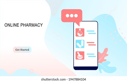 Landing page of Online pharmacy, healthcare, drugstore and e-commerce app concept. Vector of prescription drugs, first aid kit and medical supplies being sold online via web or smartphone application.