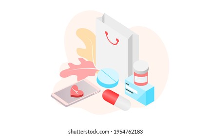 Landing page of Online pharmacy, healthcare, drugstore and ecommerce app concept. Vector of prescription drugs, first aid kit and medical supplies being sold via computer web or smartphone application
