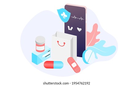 Landing page of Online pharmacy, healthcare, drugstore and ecommerce app concept. Vector of prescription drugs, first aid kit and medical supplies being sold via computer web or smartphone application