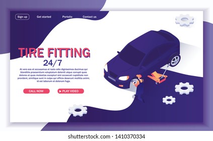 Landing Page for Online Round-the-Clock Car Service Offers Tire Fitting. Vector 3d Illustration with Isometric Car on Adjustable Jack and Place for Text. Master Repairs Automobile, Replaces Wheels