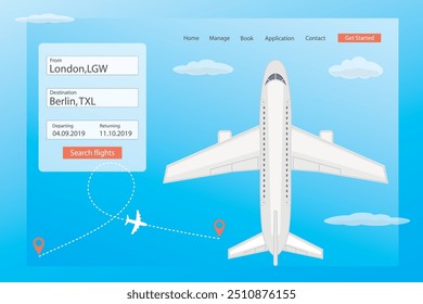 Angebotsseite für die Online-Suche und Buchung der Fahrkarte. Webbanner-Vorlage. Weiße Fluglinie in der Draufsicht. Flache Vektorgrafik