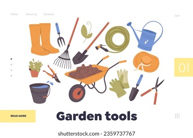 Landing page online service offering variety in assortment of garden tools for work in orchard