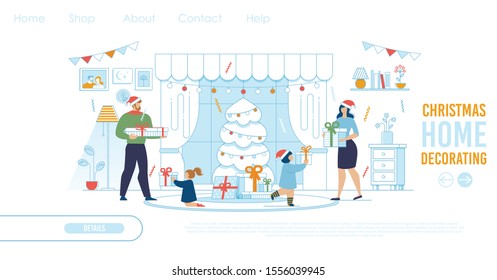 Landing Page for Online Shop Offers Xmas Decor for Home and Gifts Children. Happy Family Characters Exchanging Gifts in Living Room at Home. Holidays Presents and Decoration. Vector Illustration