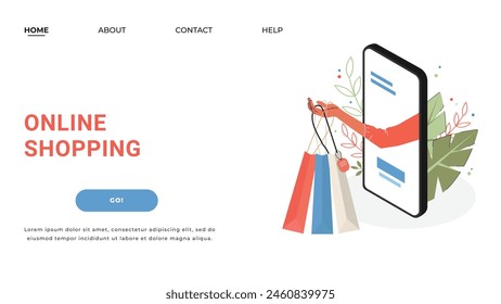 A landing page for an online shop. Online shopping concept. From the phone screen a hand holding packages.