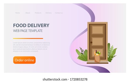 Landing page for online shopping, food delivery concept. Vector illustration and template. Door to door delivery. Web, banner, mobile app deisgn. 