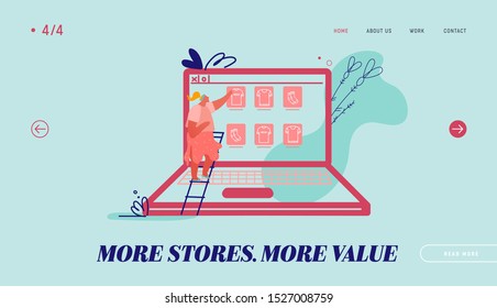 Landing page with Online Shopping. Laptop Turned into Internet Shop. Concept of Mobile Marketing and E-commerce with Woman Character Shopping on Computer Webpage, Web Site. Vector Illustration