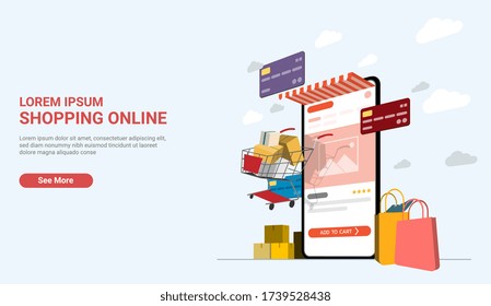 Landing page of Online shopping perspective concept. smartphone with bags and shopping cart on light blue background