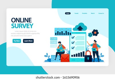 Landing page online survey. Satisfaction feedback, review form service, Exams Choices Flat character for learning and survey consultants. for banner, illustration, web, website, mobile apps, flyer