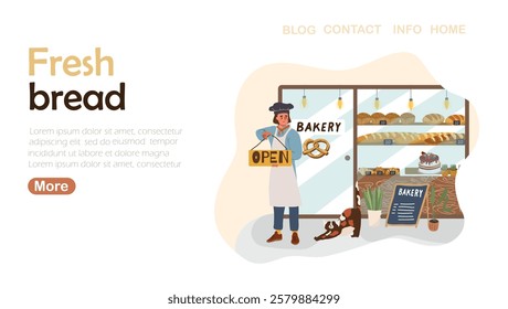 Landing page, Open bakery shop, Saleswoman changes sign at building. Business owner and entrepreneur.  Hand drawn vector illustration.