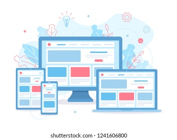 Landing page is open on different devices: laptop, computer, tablet and smartphone. Responsive web design. Flat vector illustration.