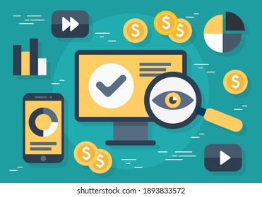 Landing page is open on different devices: laptop, computer, tablet and smartphone. Responsive web design. Flat vector illustration.