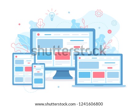 Landing page is open on different devices: laptop, computer, tablet and smartphone. Responsive web design. Flat vector illustration.