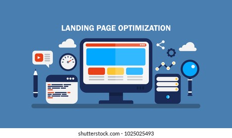 Landing page optimization, website seo, coding, server flat vector design with icons
