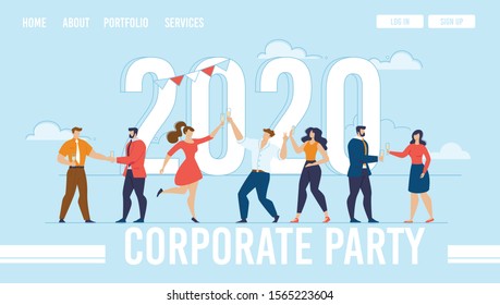 Landing Page for Organization Corporate Party. 2020 New Year Design. Huge Flat Numerals with Happy Tiny Cartoon People Characters Dancing and Enjoying Celebration. Vector Trendy Illustration