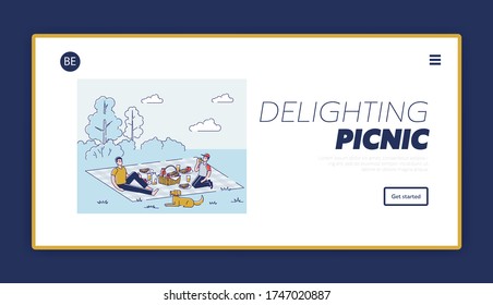 Landing page for outdoor activities website. Picnic in park concept. Cartoon friends with dog sitting on blanket in fresh air have lunch in nature. Linear vector illustration