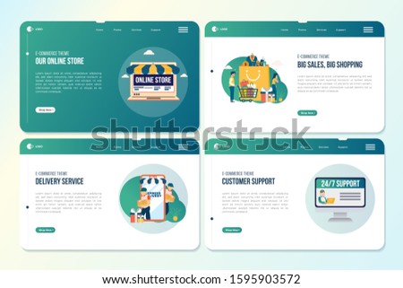 Landing page package with illustrations of opening an online store, E-commerce theme illustration on web pages templates