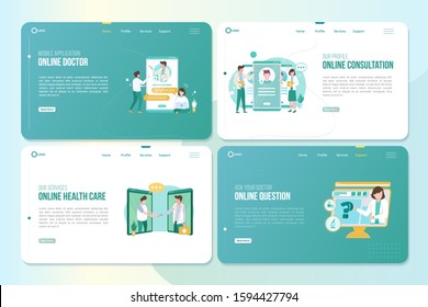 Landing page package with online medical illustrations, Illustration of online doctors in the mobile app, illustrations about online health care on web pages