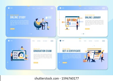 Landing page packages with e-learning concepts, illustrations about online education on the webpage template