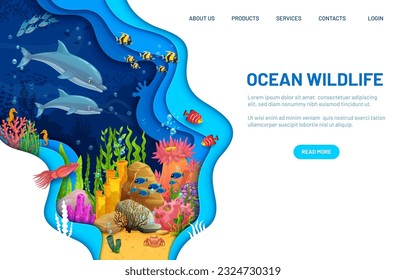 Landing page with paper cut underwater landscape. Vector web banner capturing the tranquility and beauty of the underwater world and ocean wildlife with coral reef, dolphins, fishes and seaweeds