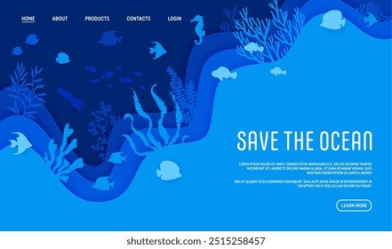 Landing page with paper cut underwater landscape and sea animals silhouettes. Vector Save the ocean awareness web banner template with tropical ocean biodiversity, corals and precious marine life