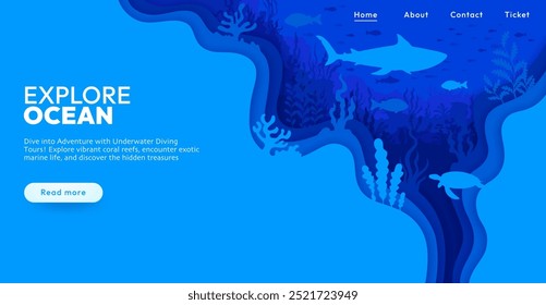 Landing page con papel cortado bajo el agua paisaje. Anuncio de Web de Vector con una variedad de vida marina como tiburones, peces y tortugas entre los arrecifes de coral que invita a la aventura y la exploración para excursiones de buceo