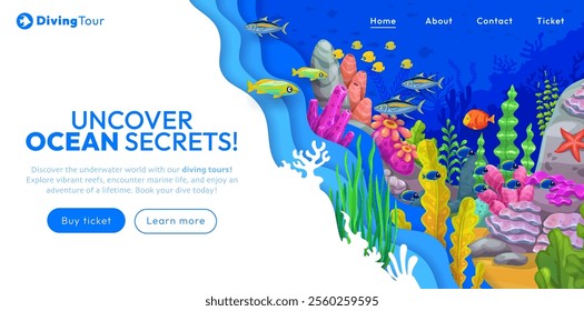 Landing page with paper cut underwater landscape, cartoon tropical sea life, seaweeds and fish shoal. 3d vector web banner invites to discover secrets of ocean and embark on an unforgettable adventure