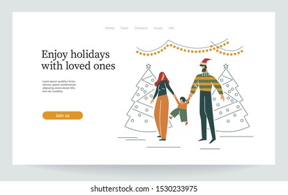 Landing page. Party around Christmas tree. Happy family communicates, enjoys outdoor. Company celebrates new year. People dressed in winter clothes. Holiday vector illustration isolated on white